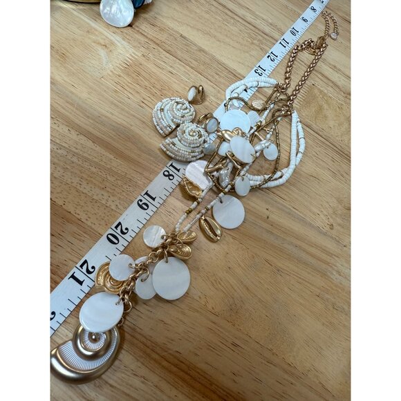 Layered White Gold Shell Charm Necklace Statement Earrings Set, Beach, Coastal - Picture 6 of 9